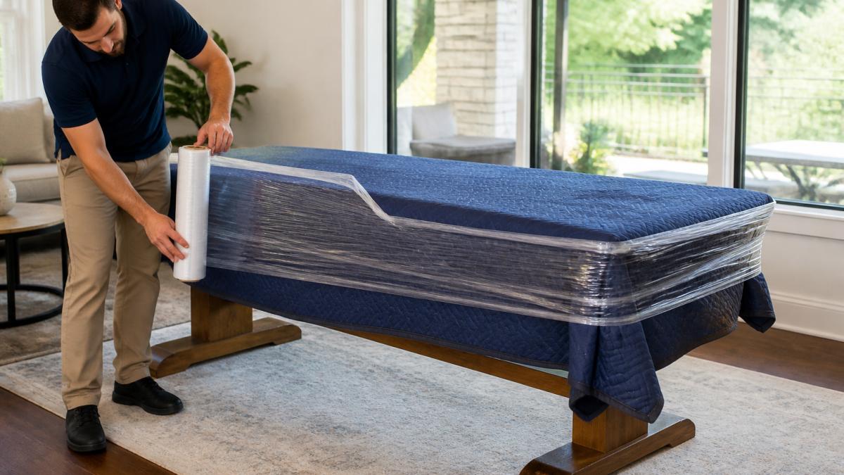 A person carefully wrapping a large wooden dining table with protective blankets and stretch wrap in a bright living room, preparing it for a furniture return pickup