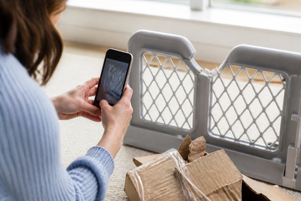 Step-by-step process for photographing a cracked safety rail and torn packaging to document product damage.