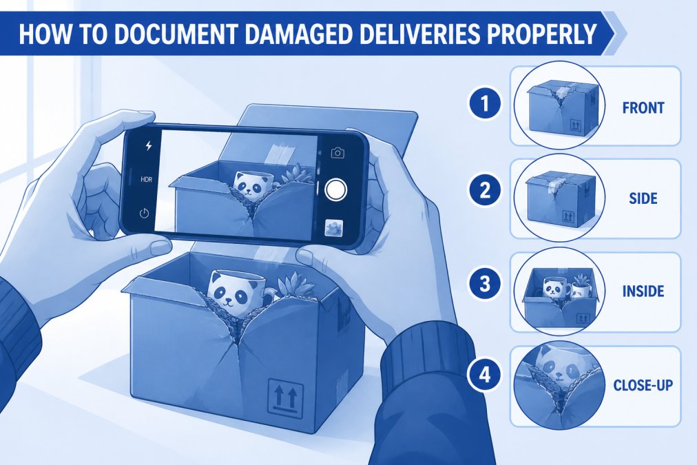 Close-up of hands holding a smartphone photographing a damaged cardboard box, showing visible dents and torn edges, with the item partially visible inside on a white background with natural window lighting
