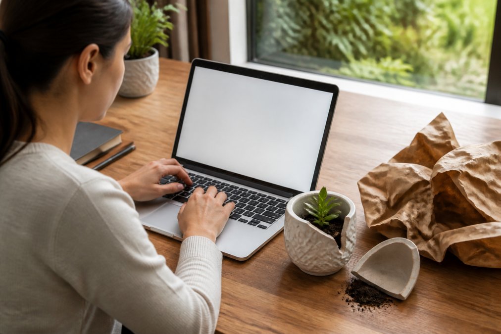 Person sitting at a wooden desk with a laptop open, composing an email, with a damaged ceramic plant pot and crumpled brown packaging paper visible on the desk beside the keyboard, natural afternoon light from a window