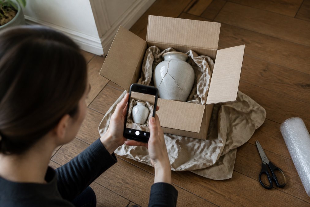 A person photographing a damaged ceramic vase still inside its opened shipping box on a wooden floor, packing paper and a smartphone visible in frame