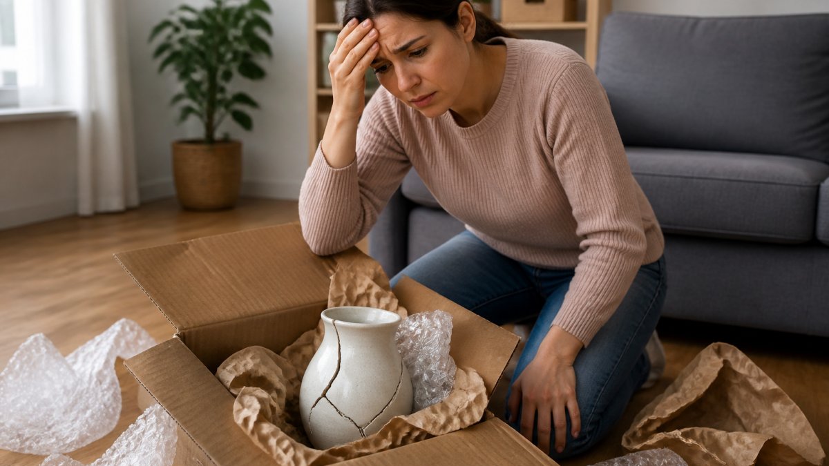 Person kneeling on a living room floor looking concerned at a cracked ceramic vase inside an open shipping box