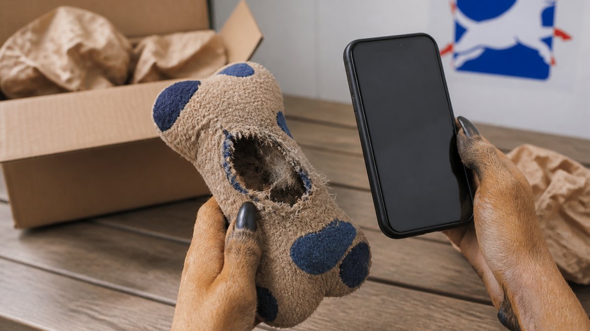 Close-up of hands holding a damaged dog toy next to a smartphone displaying order confirmation, with packaging materials visible in the background