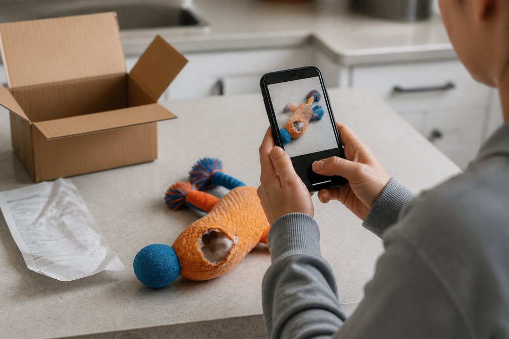 Close-up of a person's hands holding a smartphone to photograph a torn dog toy on a kitchen counter, with the product box and receipt visible nearby