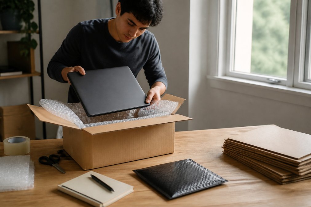 A person at a home desk carefully packing a laptop into a box with protective bubble wrap, with a return label visible on the box, natural daylight from a nearby window