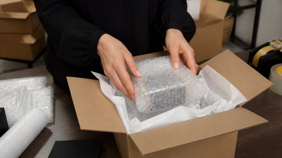Step-by-step guide for safely wrapping a jewelry box with bubble wrap and padding for secure shipping.