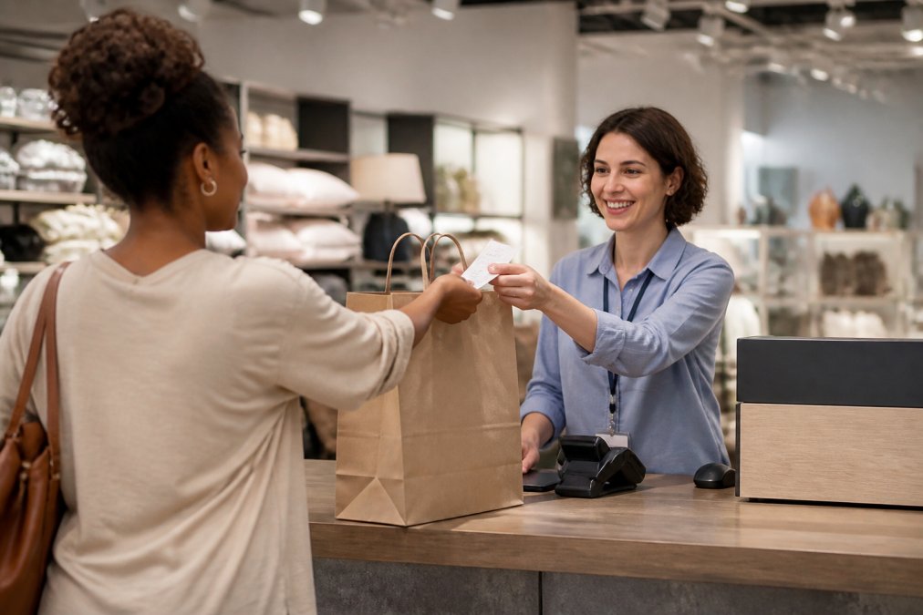 A person standing at a store customer service desk handing over a shopping bag with a receipt, smiling clerk behind the counter, bright retail environment