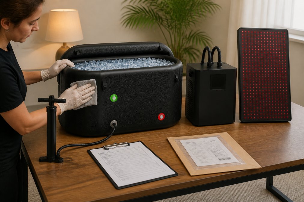 Person wearing latex gloves wiping down recovery equipment with a microfibre cloth, with a clipboard showing return documentation and proof of purchase visible on a nearby table, warm indoor lighting