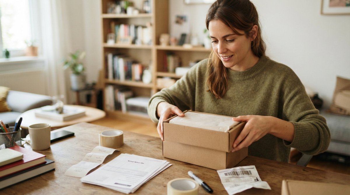 Person carefully packaging an intimate wellness product in original unopened packaging at a desk, checking product condition and gathering receipt documentation before sealing the return box