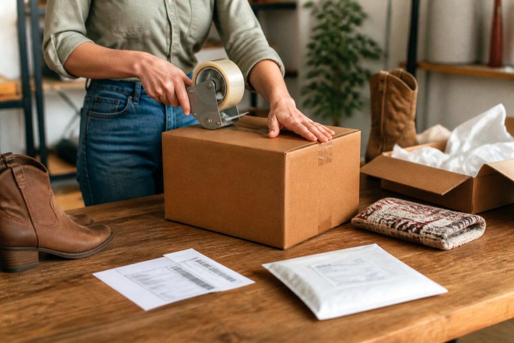 Person sealing a cardboard return box with packing tape on a home desk, with a printed shipping label and packaging slip visible nearby, under warm indoor lighting