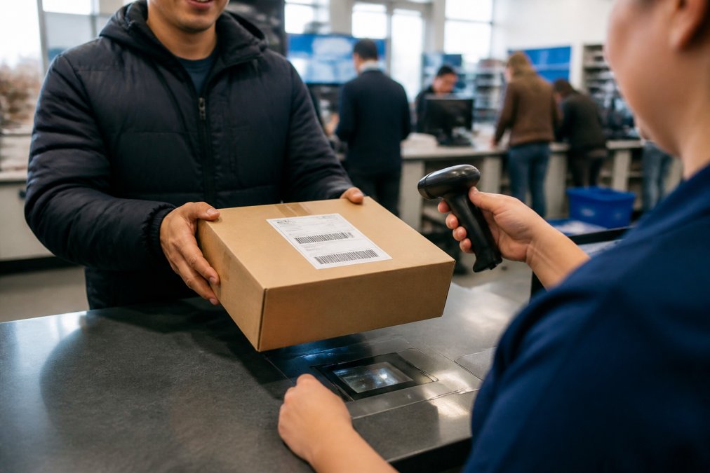 Person holding a package at a shipping counter, preparing to send a return with a visible shipping label on the box, natural lighting in a busy postal facility