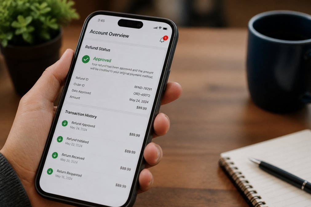 Close-up of a smartphone screen displaying an account dashboard with refund status showing "Approved," transaction history visible, and a notification badge indicating money received