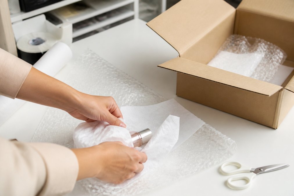 Close-up of hands carefully wrapping a beauty product in soft tissue paper and bubble wrap on a clean workspace, with a shipping box and packing materials visible in the background