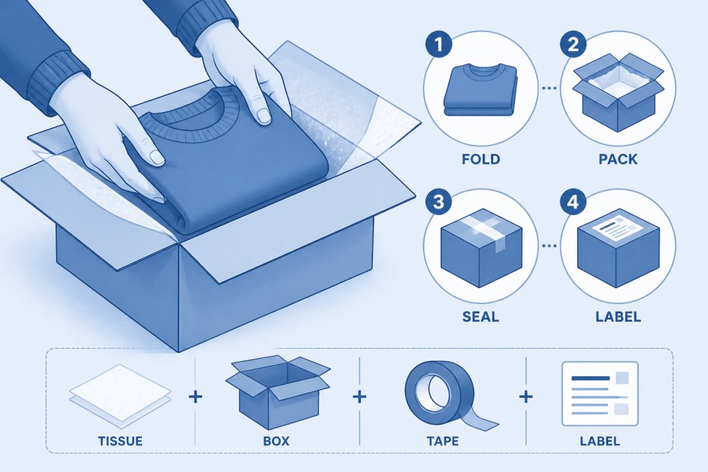 Close-up of hands carefully placing folded clothing into a cardboard box with tissue paper and packaging tape, showing proper return packaging technique
