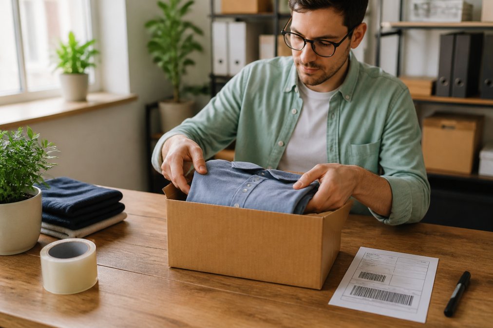 A person in a bright, modern home office carefully placing a folded shirt into a cardboard box, with a printed shipping label and tape on the desk beside them