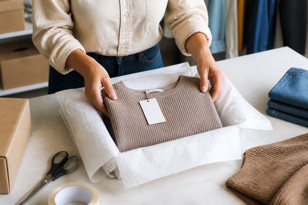 Hands carefully folding a clothing item with original tags still attached, placing it inside tissue paper with protective padding visible on a clean workspace