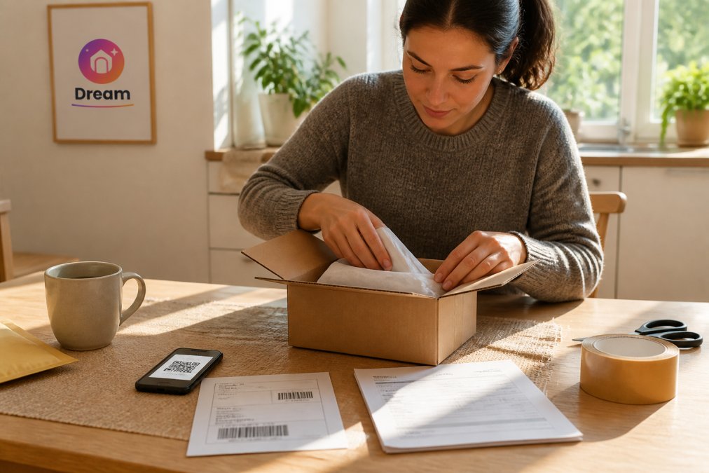 Step-by-step process to return online deals by packing a box with a return label and digital QR code