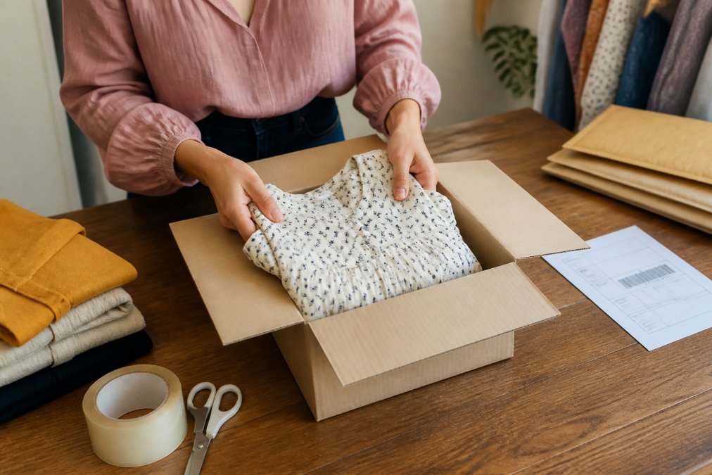 A person folding a dress neatly and placing it into a cardboard shipping box on a wooden table, with packing tape and a printed return label nearby