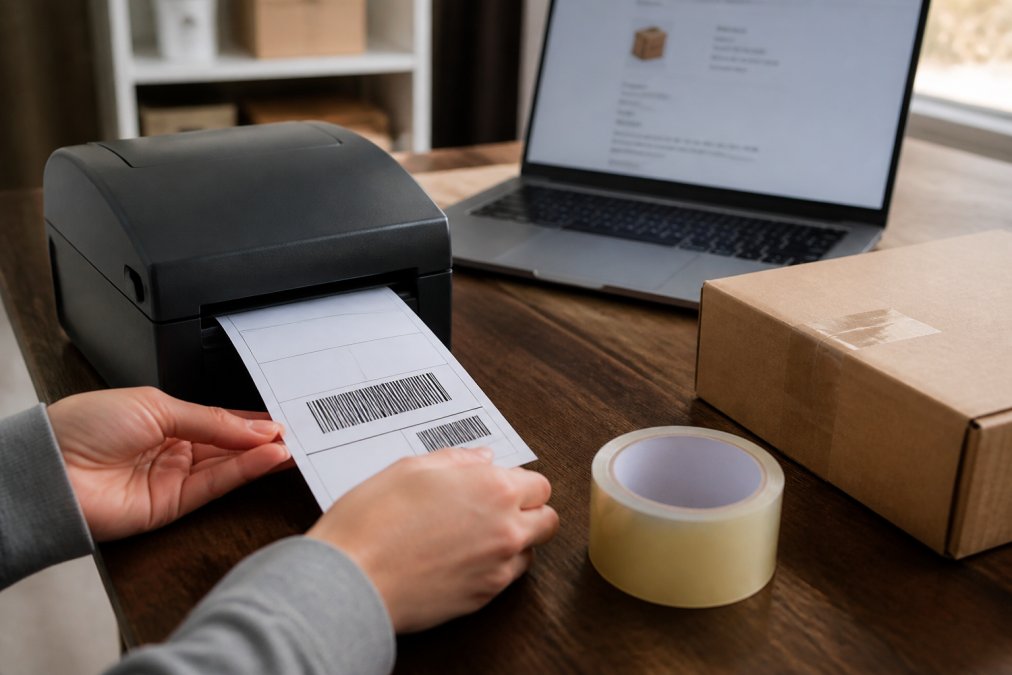 Close-up of hands printing a return shipping label at home on white paper, with a roll of packing tape and cardboard box visible on the table beside a laptop showing an order confirmation