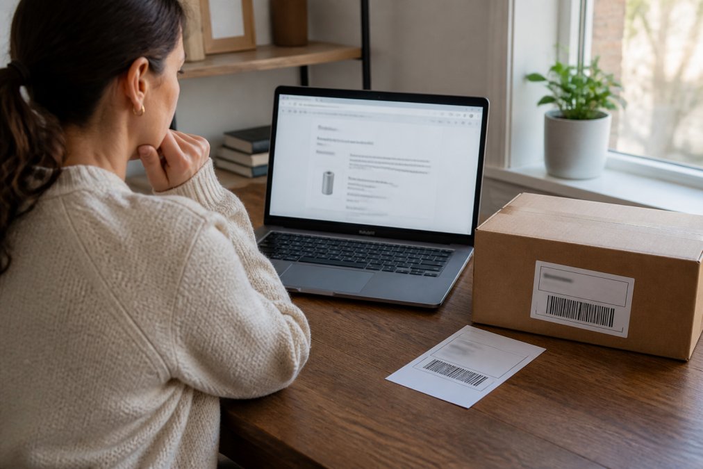 Person sitting at a desk with a laptop open, reviewing an order confirmation email on screen, with a product box and return label visible on the desk