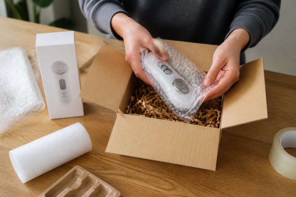 Hands carefully wrapping a wellness gadget in bubble wrap and placing it into a cardboard box, with original packaging visible on the desk, showing protective materials and proper packing technique