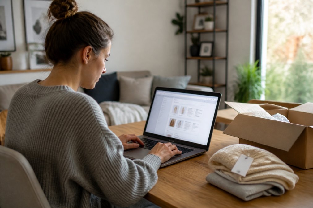 Person at home on a laptop accessing their account's order history and initiating a return through an online portal, with order confirmation visible on screen and natural window lighting