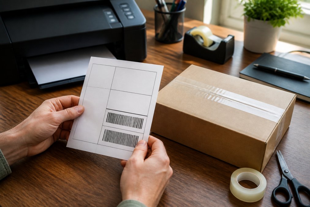 Close-up of hands holding a printed return shipping label next to a sealed package ready for shipment, with a printer visible in the background and natural desk lighting