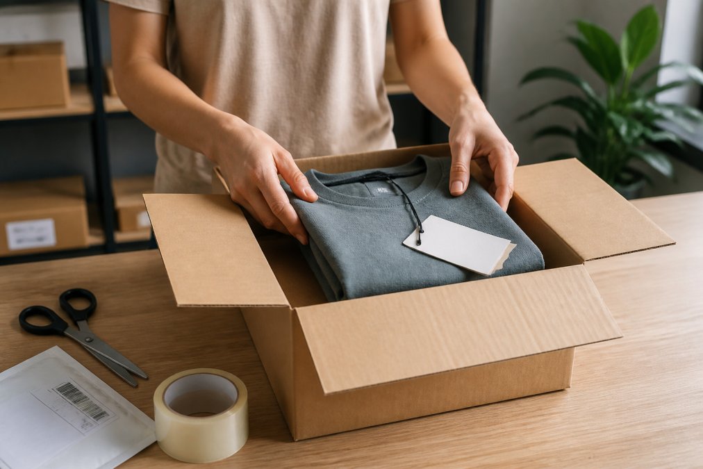 Step-by-step process for packing a garment into a shipping box for a return shipment