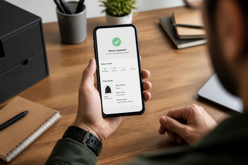Person holding a smartphone displaying a return request confirmation screen with order details and return status on the retailer's app