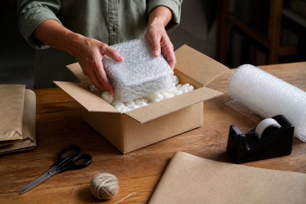 Close-up of hands carefully wrapping a fragile gadget in bubble wrap and placing it into a cardboard shipping box with packing peanuts on a clean wooden desk