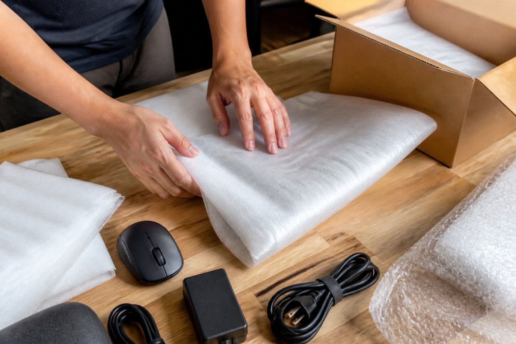 Close-up of hands carefully wrapping a laptop and peripherals in protective padding and bubble wrap, demonstrating proper layering technique with cables organized neatly beside the packaging materials
