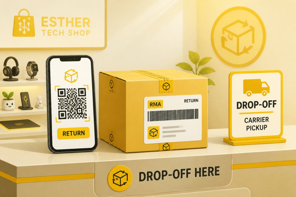 Professional workspace showing a smartphone displaying a QR code next to a carefully sealed box with a shipping label, positioned at a drop-off counter ready for carrier pickup
