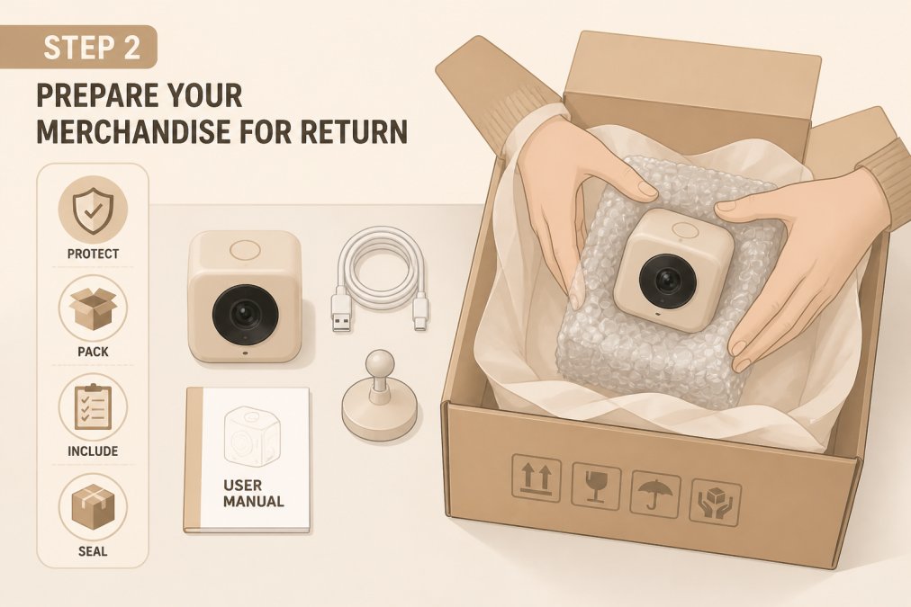 Hands carefully placing a trending gadget into its original packaging with protective bubble wrap and tissue paper, showing the unboxed accessories and instruction manual laid out on a clean white surface