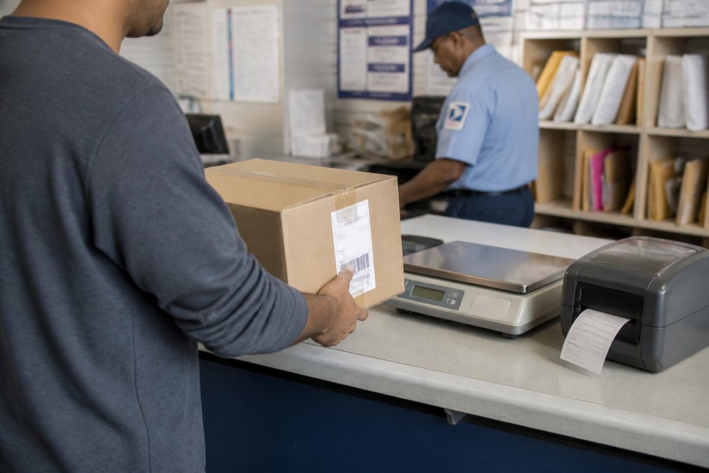 Person at a shipping counter holding a cardboard box with a printed shipping label visible, standing in front of a scale and shipping label printer, with a postal worker in the background