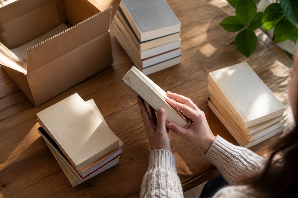 Flat lay of a person sorting a stack of second-hand paperbacks on a wooden table, checking spines and page edges under warm natural window light