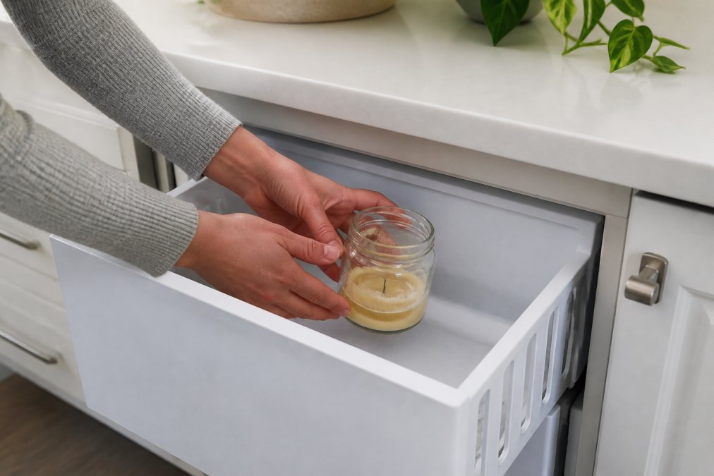 Hands placing a used candle jar with visible wax residue into a white freezer drawer, set against a clean white kitchen counter with soft natural lighting