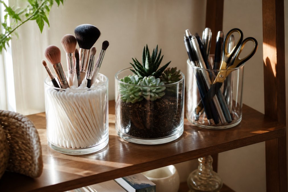 A styled flat-lay of repurposed candle jars arranged on a warm wooden shelf in soft afternoon light, one jar holds cotton swabs and makeup brushes, another contains small succulents with visible soil, and a third acts as a desk organizer with pens and a small pair of scissors