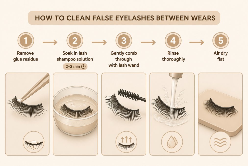 Flowchart showing cleaning steps: Remove glue residue → Soak in lash shampoo solution (2-3 minutes) → Gently comb through with lash wand → Rinse thoroughly → Air dry flat