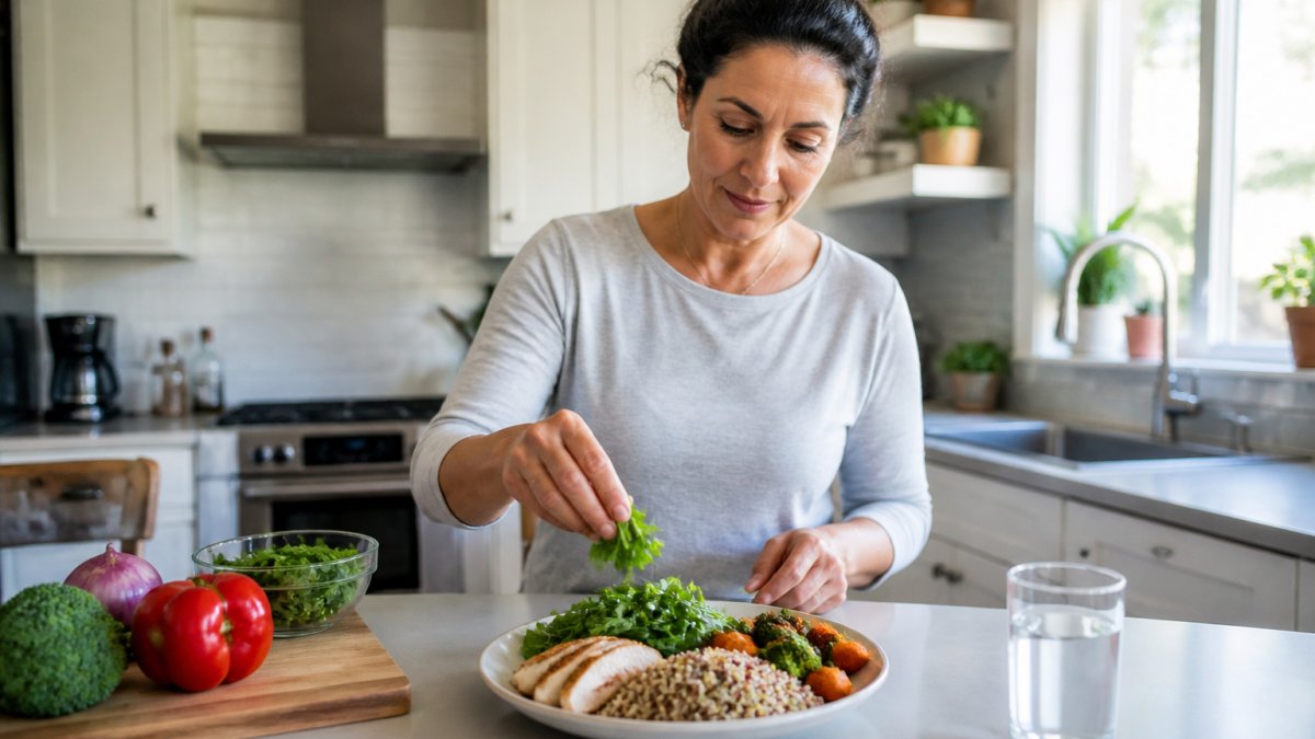 A woman in her 40s preparing a colorful plate of vegetables, lean protein, and whole grains in a bright home kitchen, with a glass of water nearby