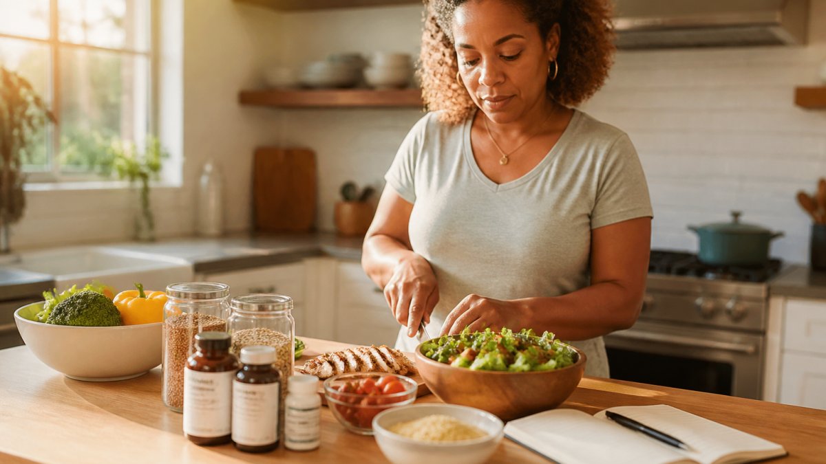 Person preparing a balanced meal in a kitchen to help reverse insulin resistance by tracking their food intake