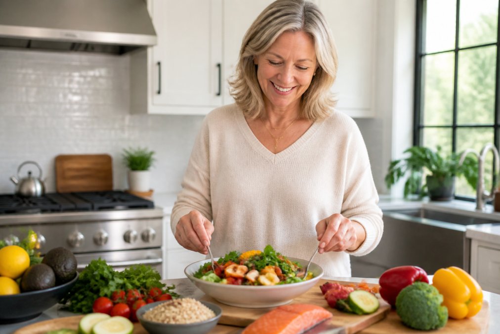A woman in her 50s preparing a healthy meal to reverse insulin resistance in a bright, modern kitchen.