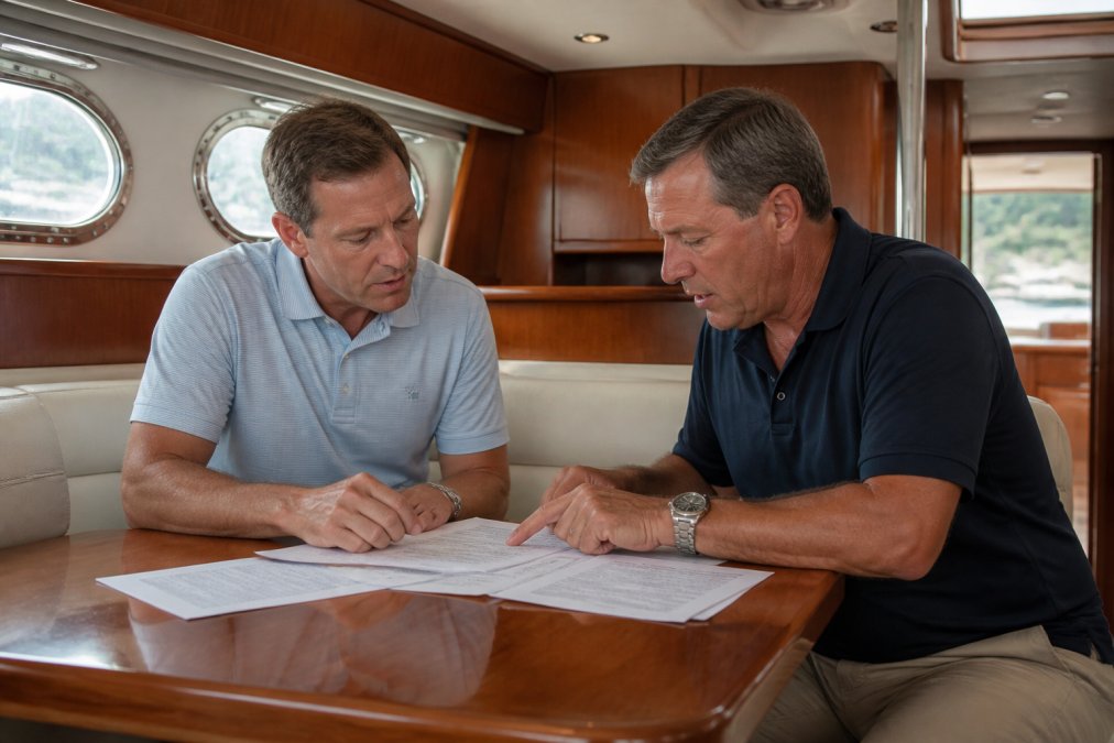 A buyer and a yacht broker reviewing printed contract documents together at a wooden table inside a yacht cabin, natural light through portholes