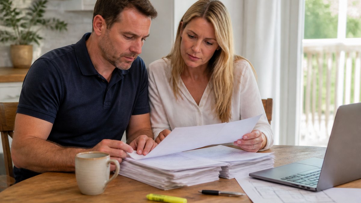A couple sitting at a kitchen table reviewing a thick stack of construction contract pages, with a laptop open showing floor plans and a pen and highlighter nearby, warm natural light from a window