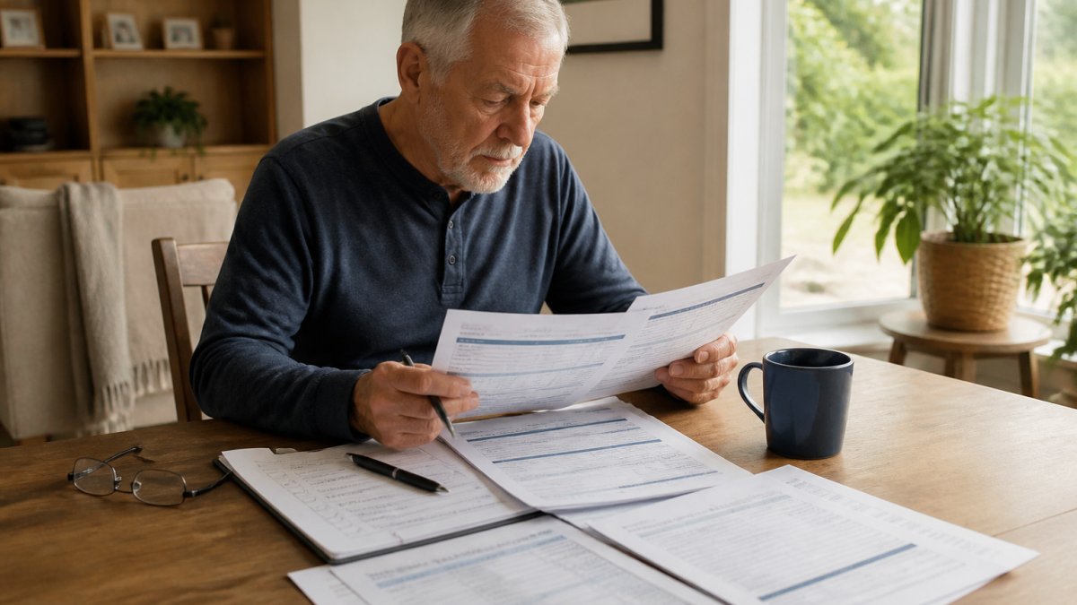 Senior sitting at home desk with Medicare Summary of Benefits documents spread out, reading glasses, printed checklist with pen, cup of coffee nearby, natural window lighting