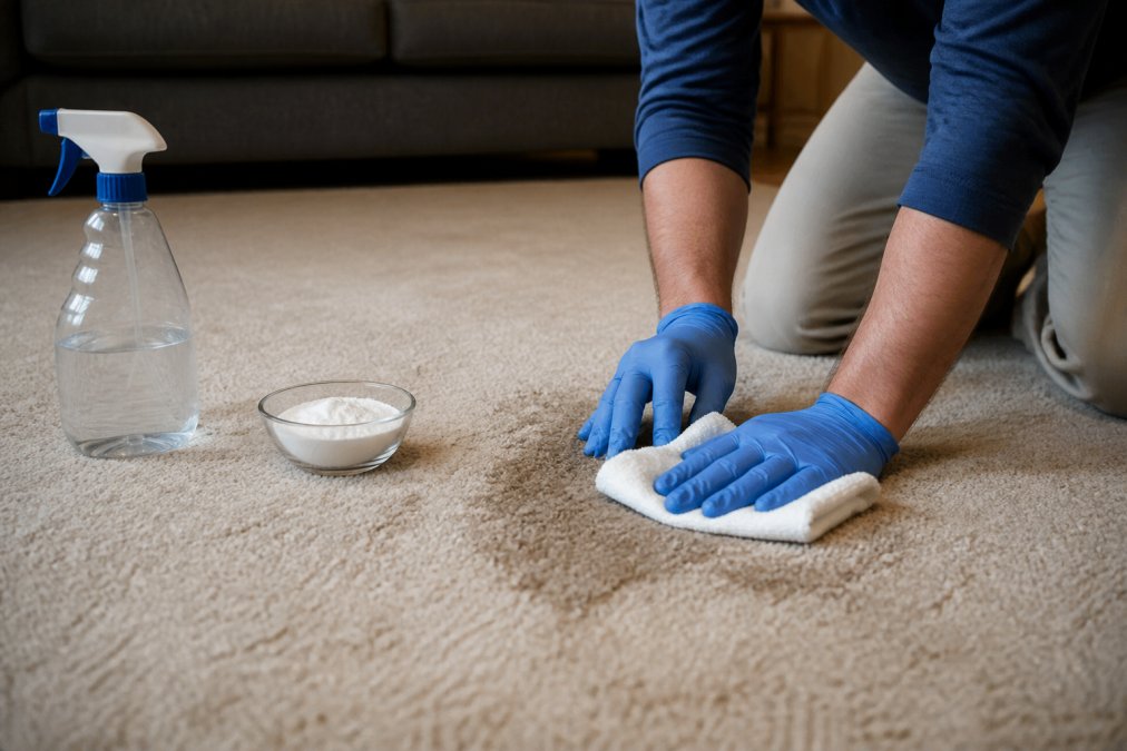 Person in rubber gloves pressing a clean white cloth firmly onto a damp residential carpet section, with a spray bottle and small bowl of baking soda visible on the floor nearby, warm indoor lighting