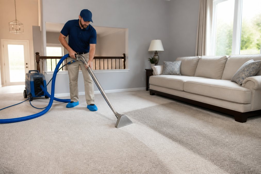 Professional carpet cleaner in a uniform operating a large extraction wand on a residential living room carpet, with a visible contrast between the clean extracted section and the still-dirty section beside it, natural window lighting