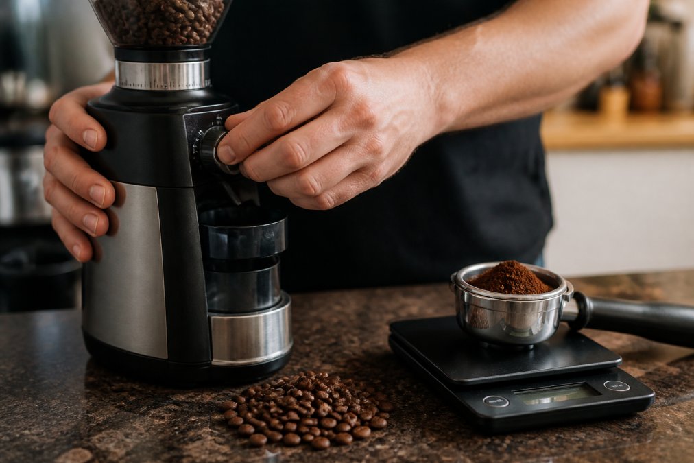 Hands adjusting a burr grinder setting to revive stale coffee beans with a digital scale on a kitchen counter