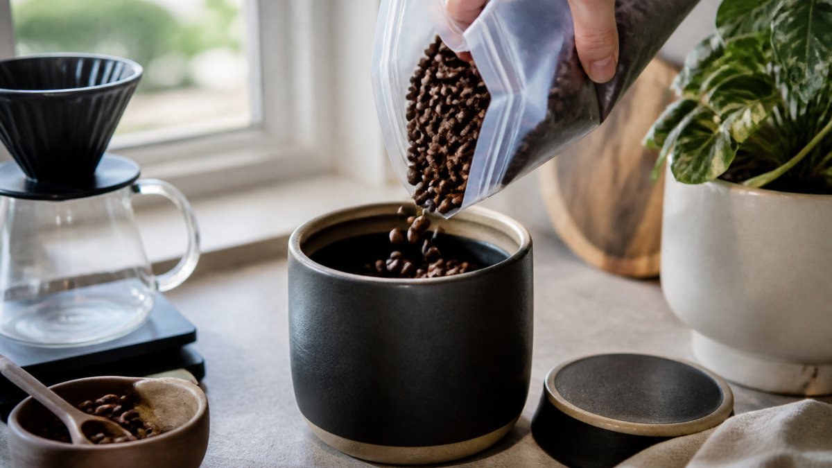 Close-up of whole coffee beans being poured from a resealable bag into a dark ceramic airtight container on a kitchen counter with soft natural light