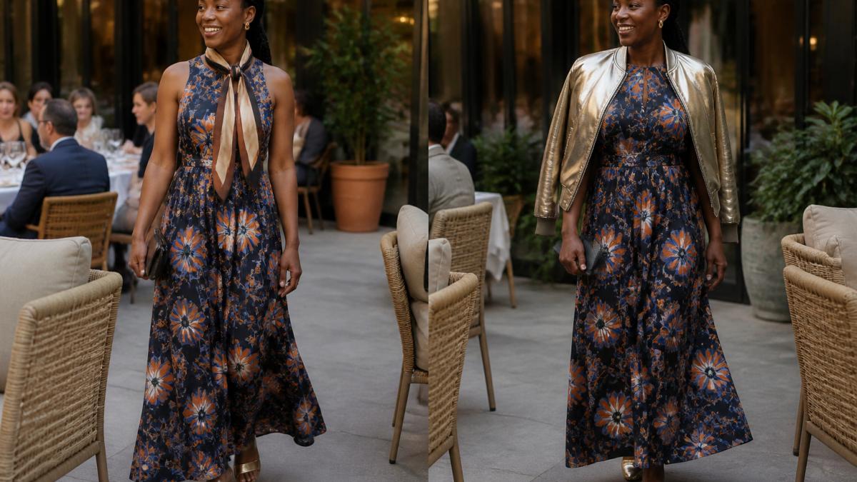 A woman in a floor-length printed dress shown in two side-by-side looks: one with a silk scarf tied at the neck and block heels for a reception, one with a metallic bomber jacket over the shoulders and dressy flats for a dinner