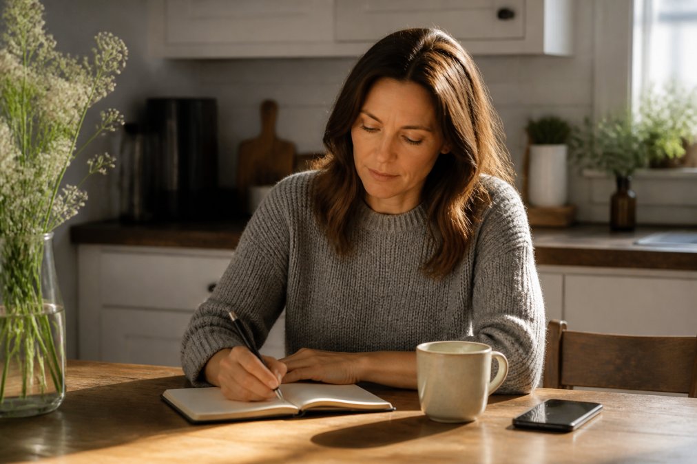 A woman writing in a notebook as part of a 30-day protocol to rewire brain patterns through daily journaling.